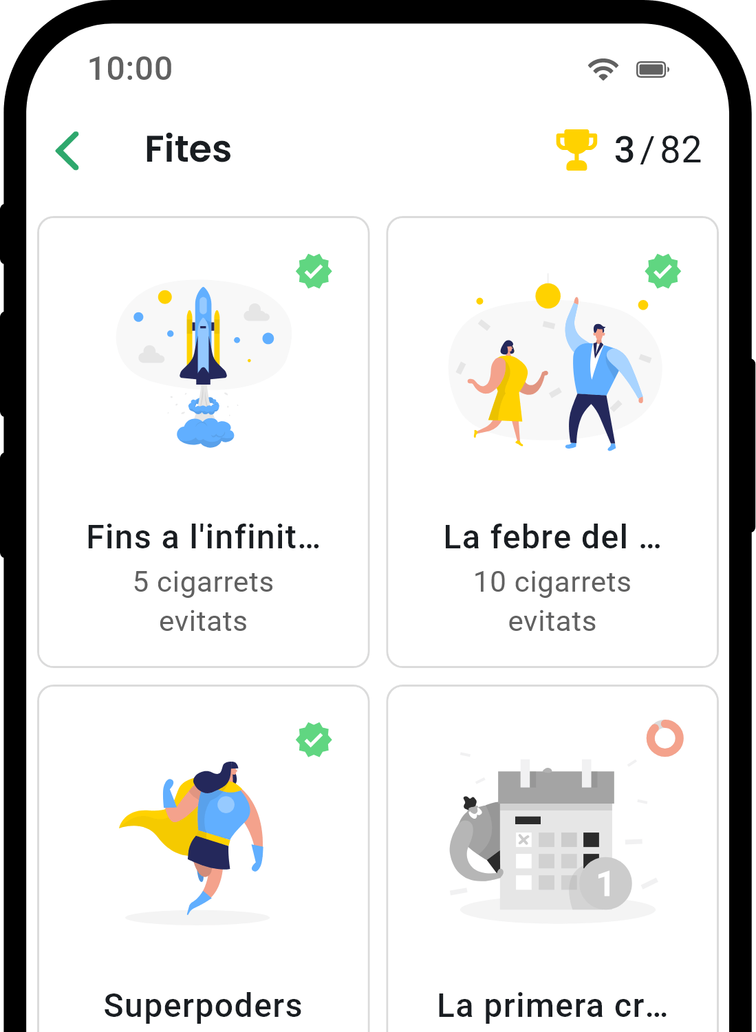 QuitNow app achievements screen showing user progress