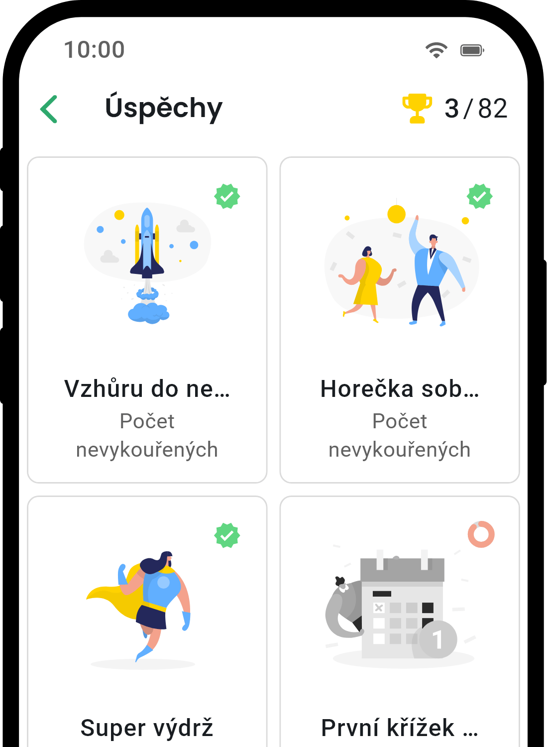 QuitNow app achievements screen showing user progress