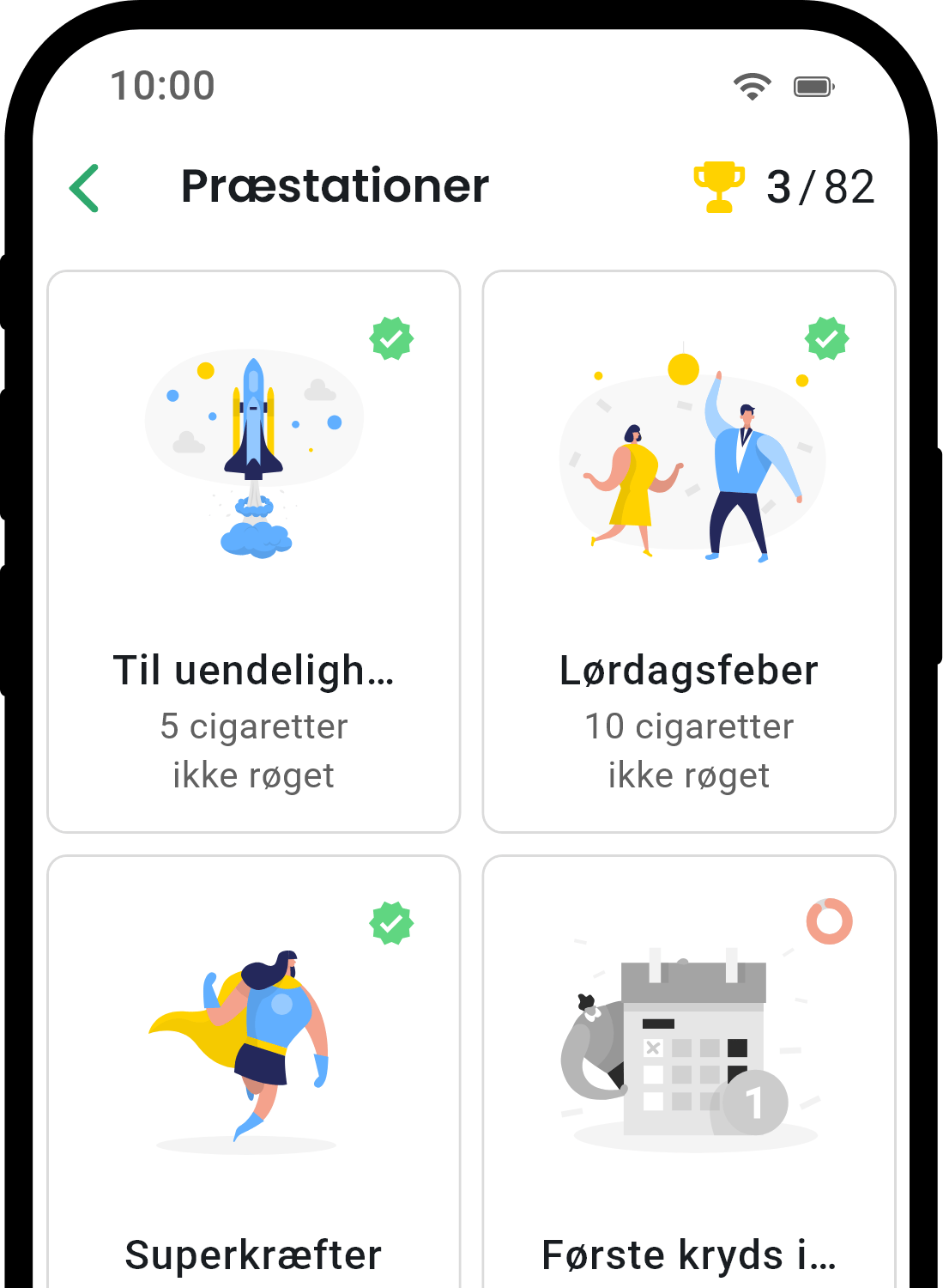 QuitNow app achievements screen showing user progress