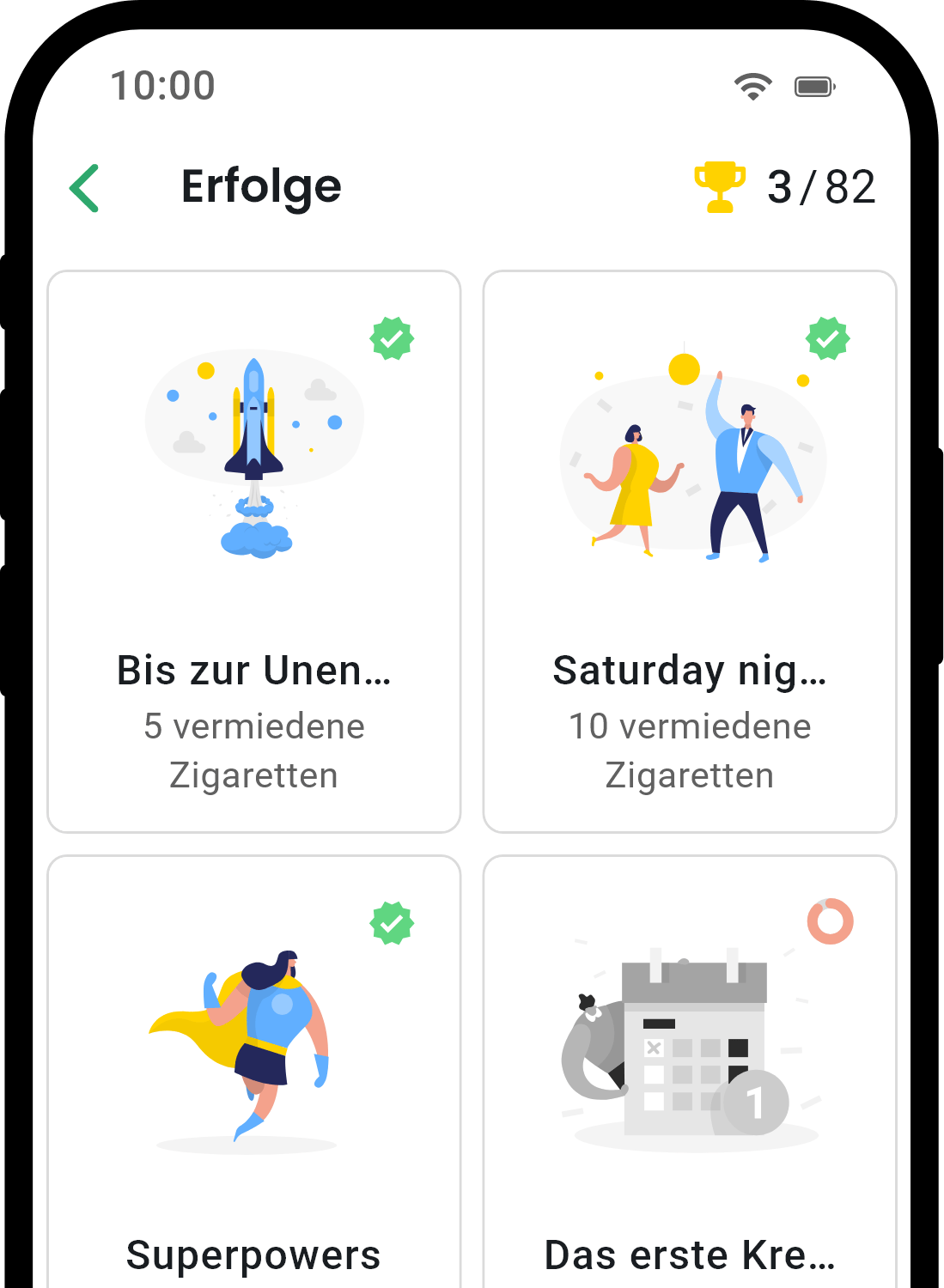 QuitNow App Erfolge-Bildschirm zeigt Benutzerfortschritt