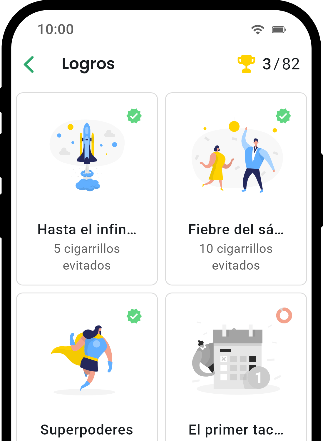 Pantalla de logros de la aplicación QuitNow mostrando el progreso del usuario