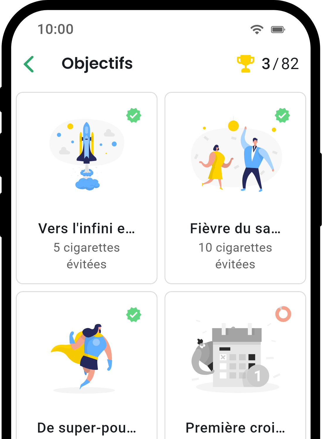 Écran des réalisations de l'application QuitNow montrant les progrès de l'utilisateur