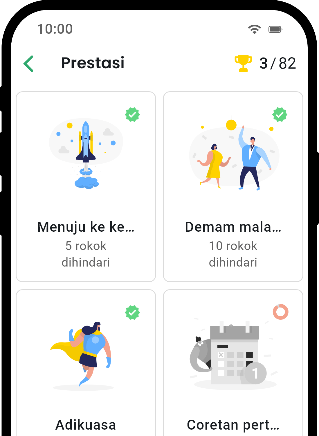 QuitNow app achievements screen showing user progress