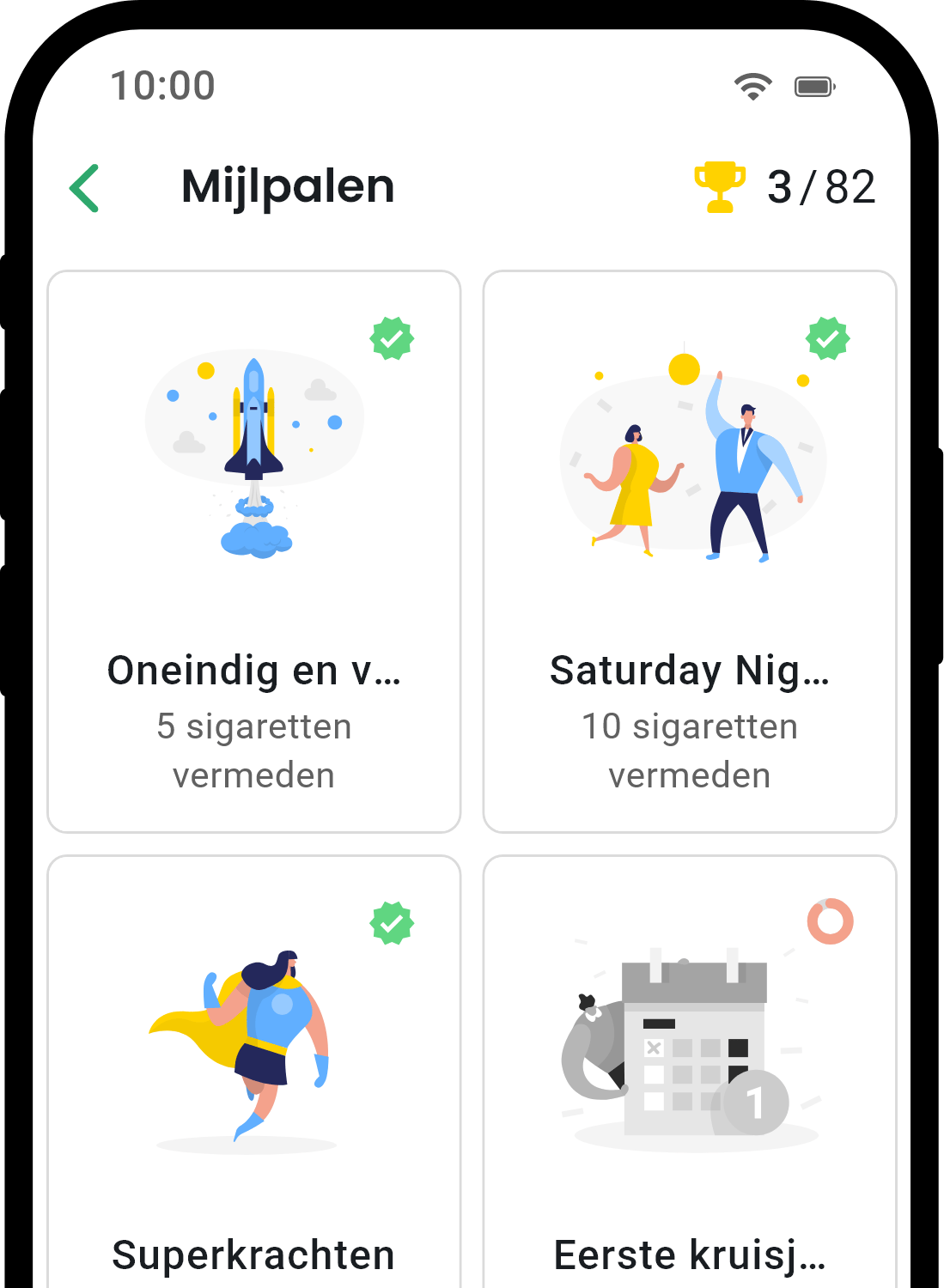 QuitNow app achievements screen showing user progress