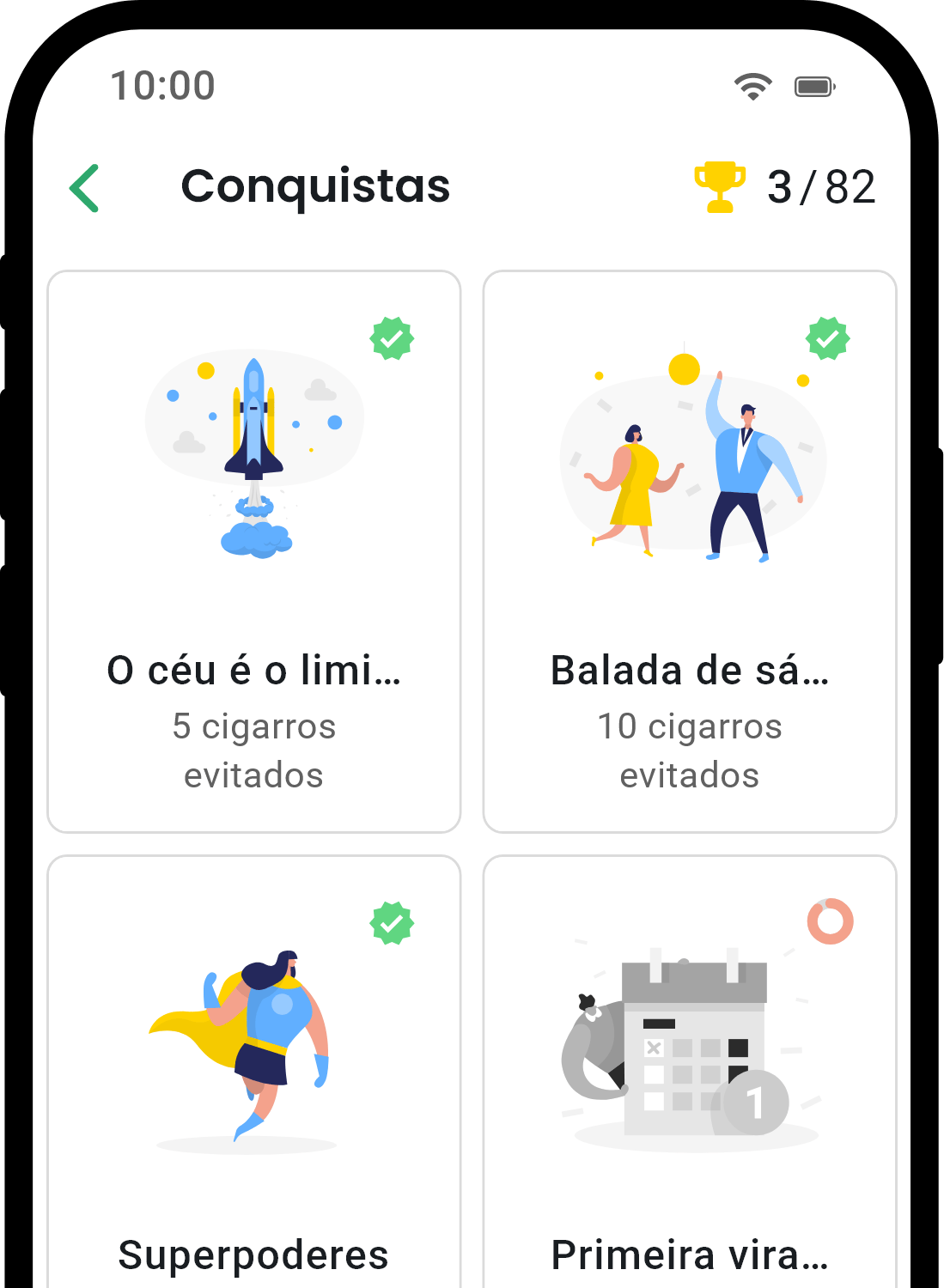 QuitNow app achievements screen showing user progress