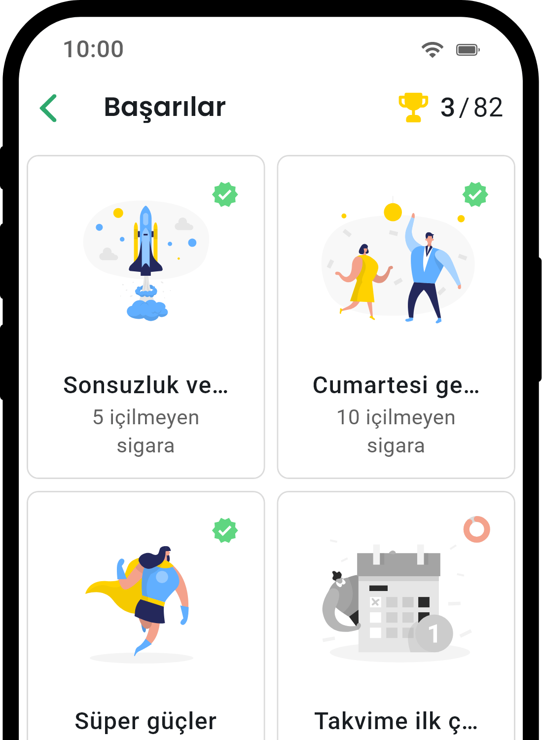 QuitNow app achievements screen showing user progress