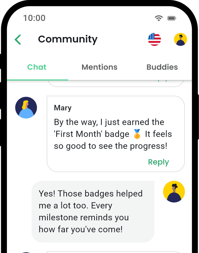 QuitNow app community screen showing user support