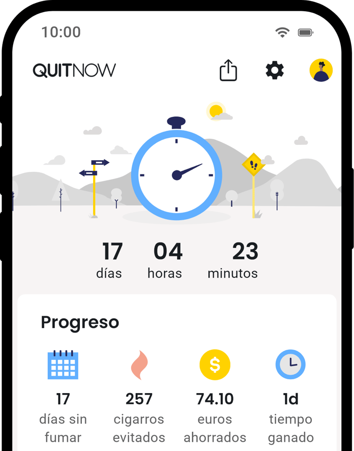 Pantalla de inicio de la aplicación QuitNow mostrando el progreso para dejar de fumar