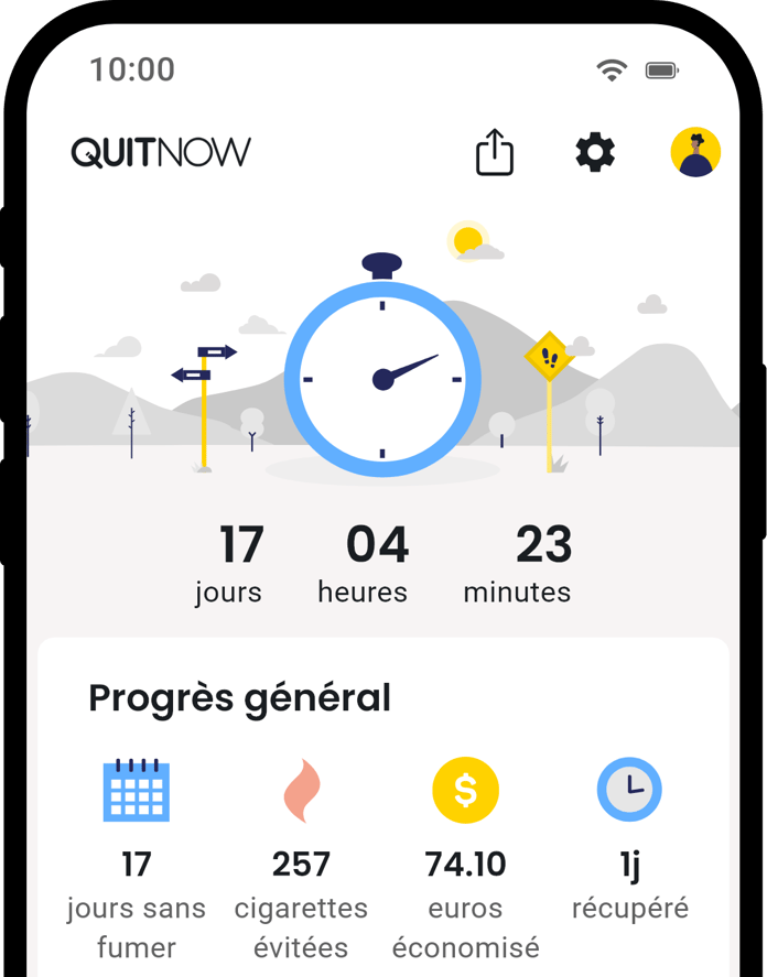 Écran d'accueil de l'application QuitNow montrant les progrès pour arrêter de fumer