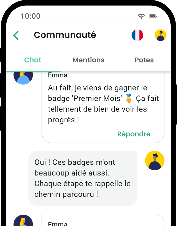 Écran de communauté de l'application QuitNow montrant le soutien des utilisateurs