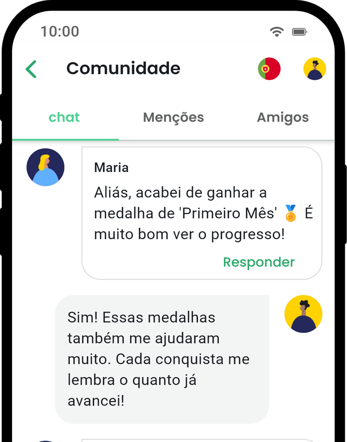 Tela de comunidade do aplicativo QuitNow mostrando suporte do usuário